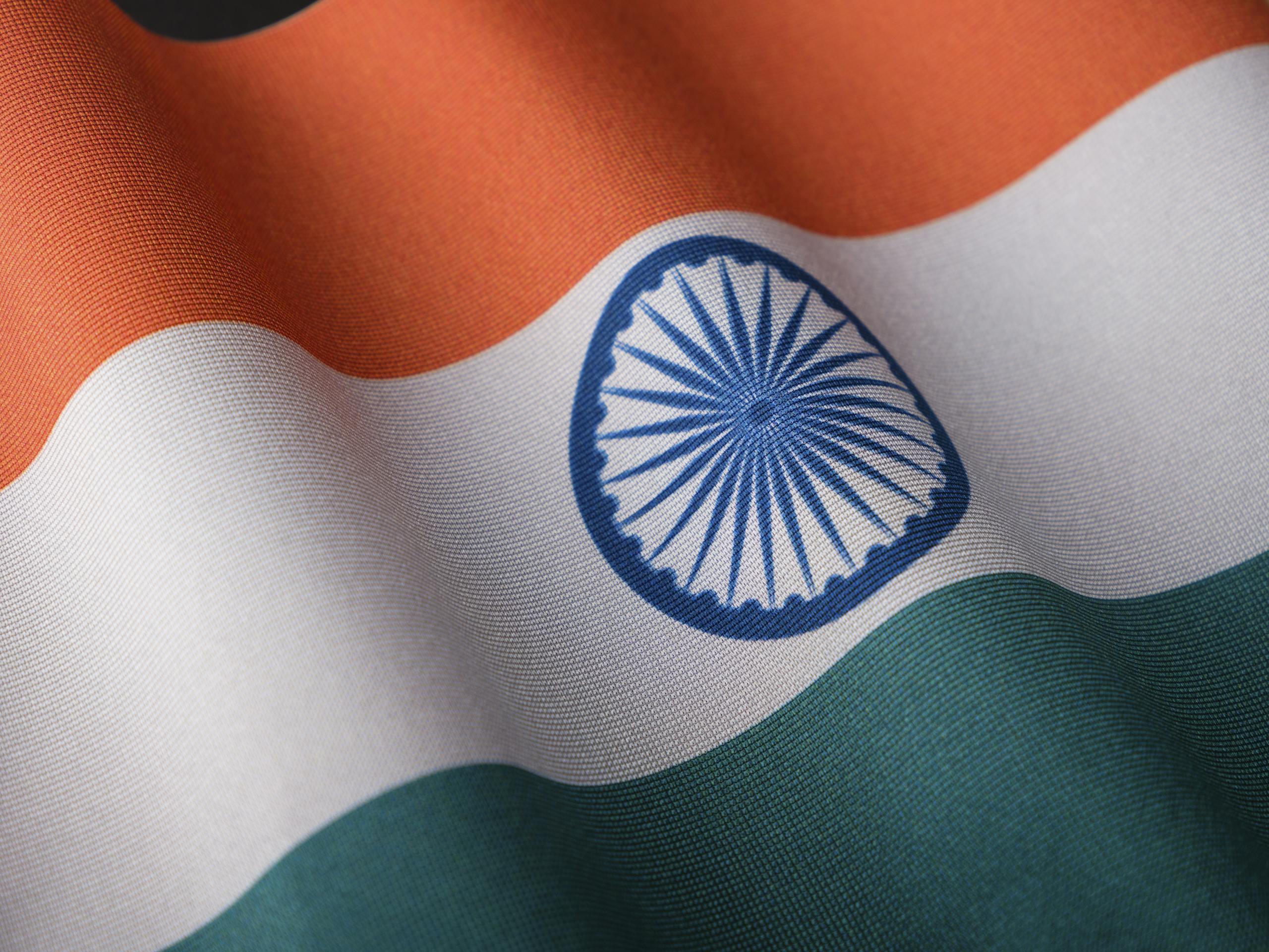 Detailed view of the Indian flag with vibrant colors and texture.